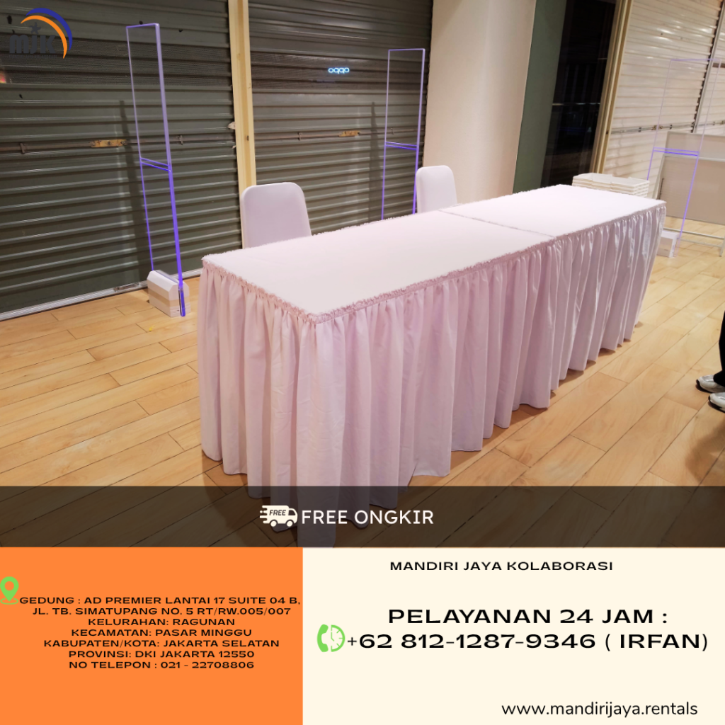 Sewa Meja Kotak Skirting, Kursi Futura Cover Putih Jaksel