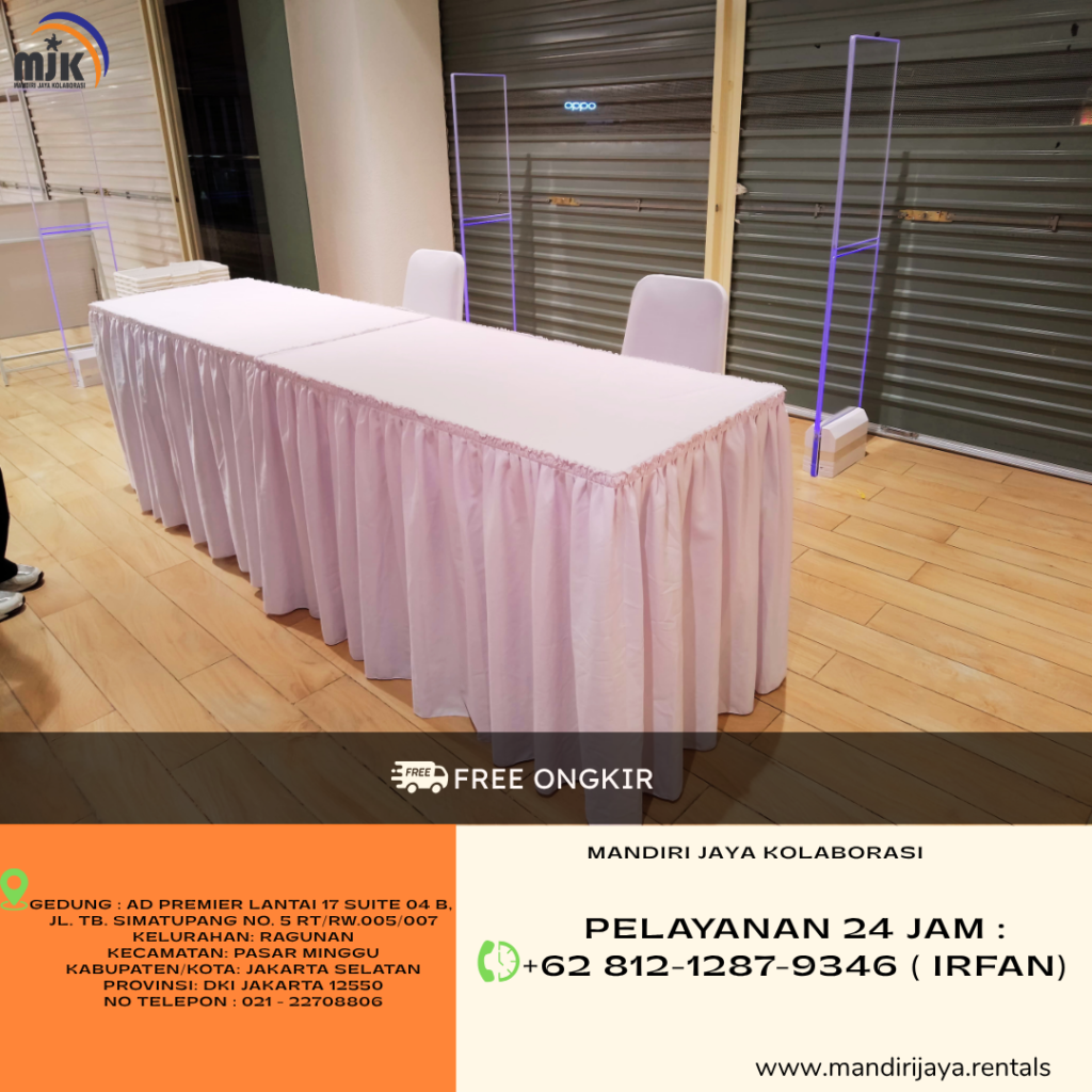 Sewa Meja Kotak Skirting, Kursi Futura Cover Putih Jaksel