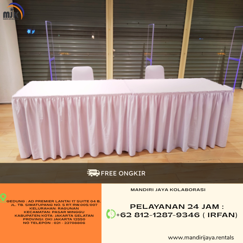Sewa Meja Kotak Skirting, Kursi Futura Cover Putih Jaksel