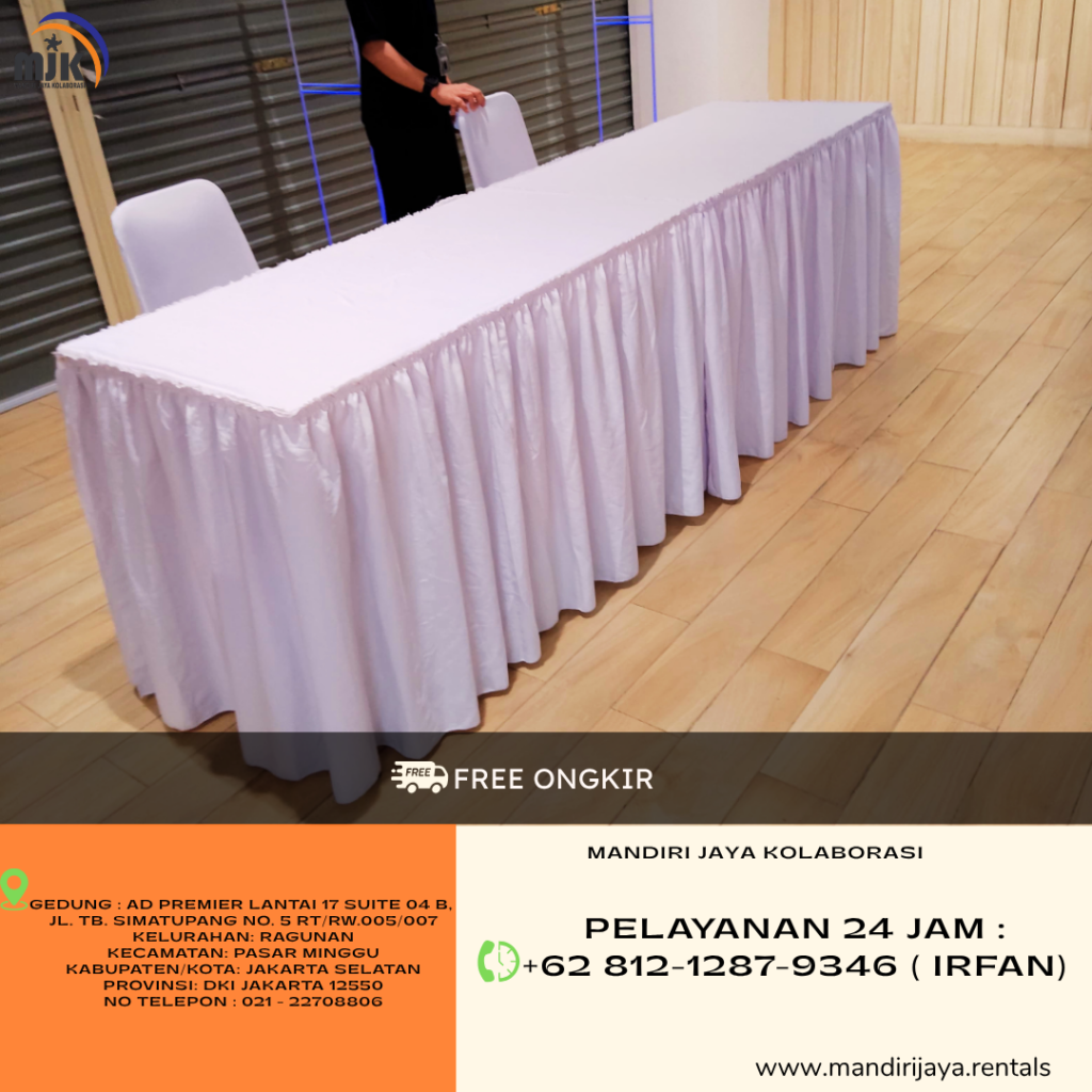 Sewa Meja Kotak Skirting, Kursi Futura Cover Putih Jaksel