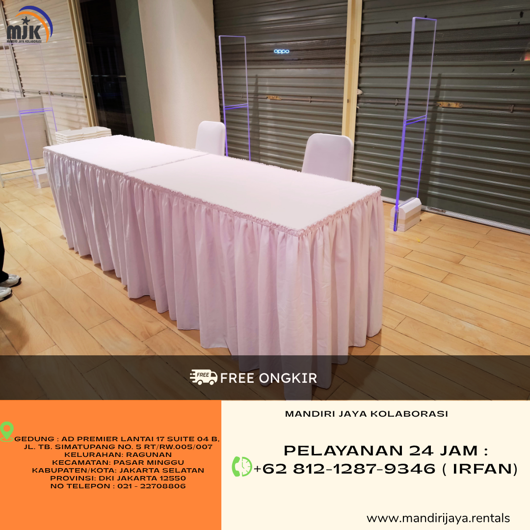 Sewa Meja Kotak Skirting, Kursi Futura Cover Putih Jaksel