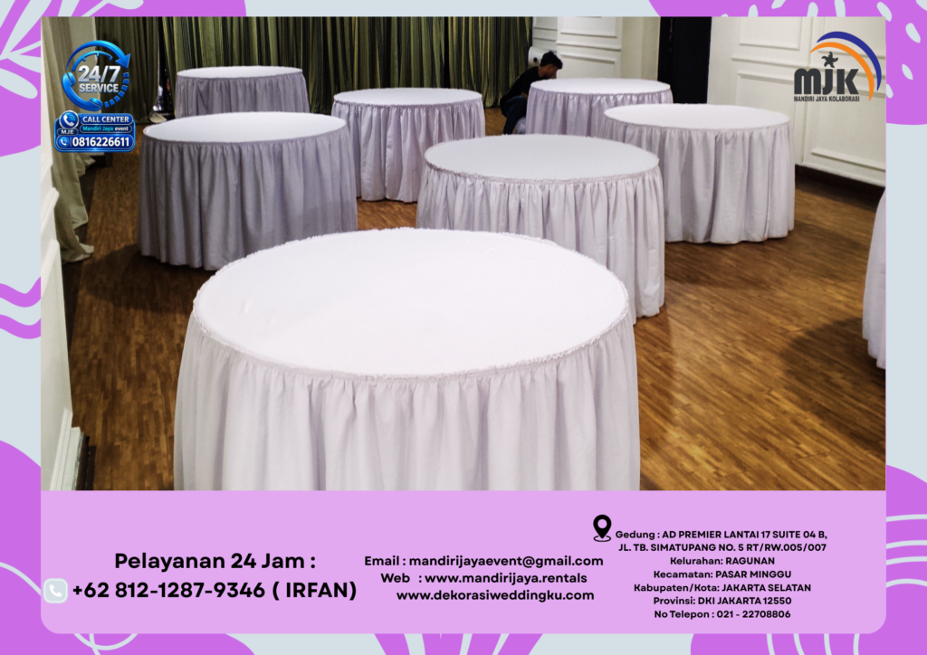 Sewa Meja Bulat Cover Skirting putih Jakarta 081212879346 IRFAN