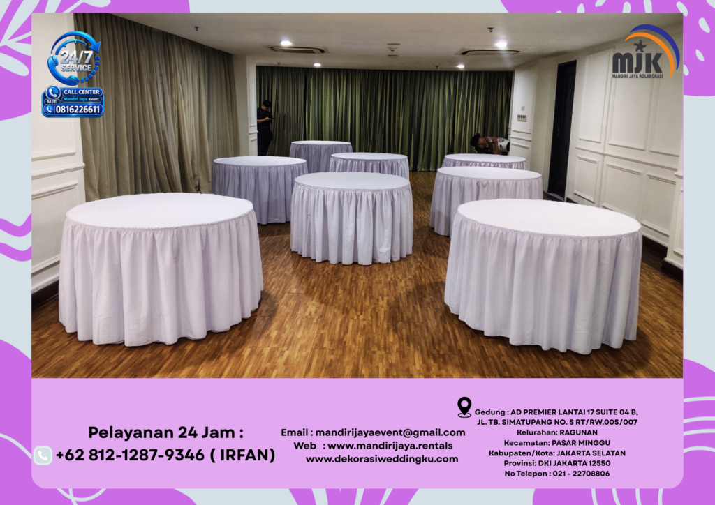 Sewa Meja Bulat Cover Skirting putih Jakarta 081212879346 IRFAN