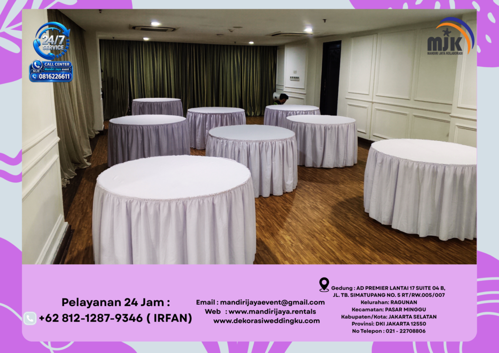 Sewa Meja Bulat Cover Skirting putih Jakarta 081212879346 IRFAN