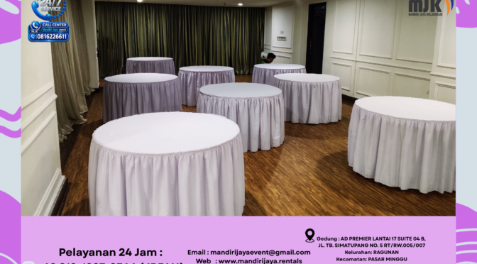 Sewa Meja Bulat Cover Skirting putih Jakarta 081212879346 IRFAN