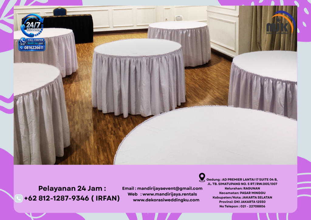 Sewa Meja Bulat Cover Skirting putih Jakarta 081212879346 IRFAN