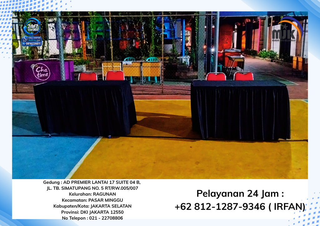Sewa Meja Kotak Uk120x60 Taplak Hitam, Futura Polos Jakarta
