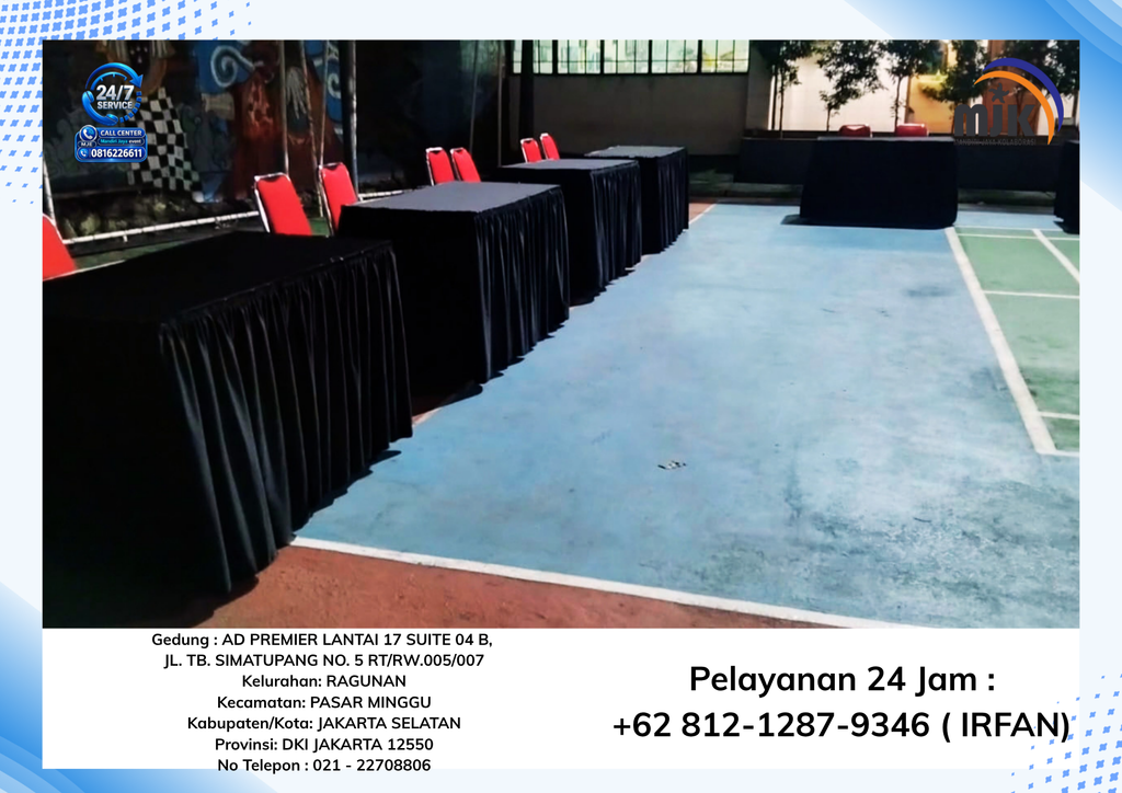 Sewa Meja Kotak Uk120x60 Taplak Hitam, Futura Polos Jakarta